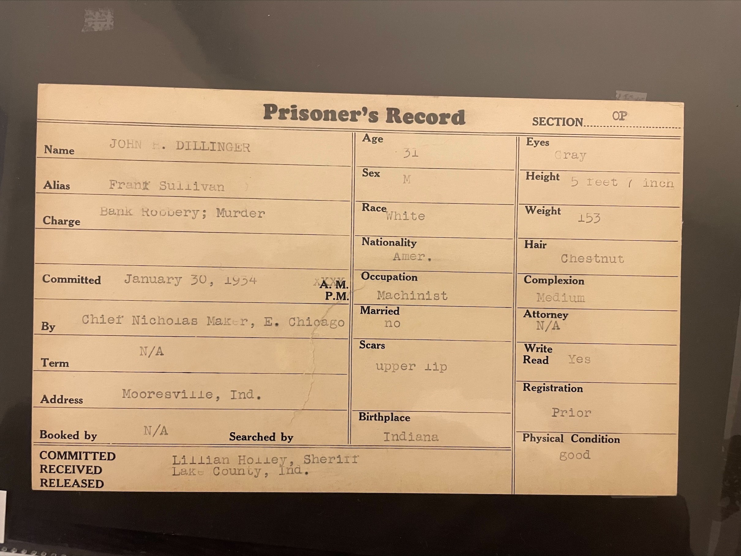John Dillinger Alcatraz Crime Museum Wanted Booking Prisoner Intake