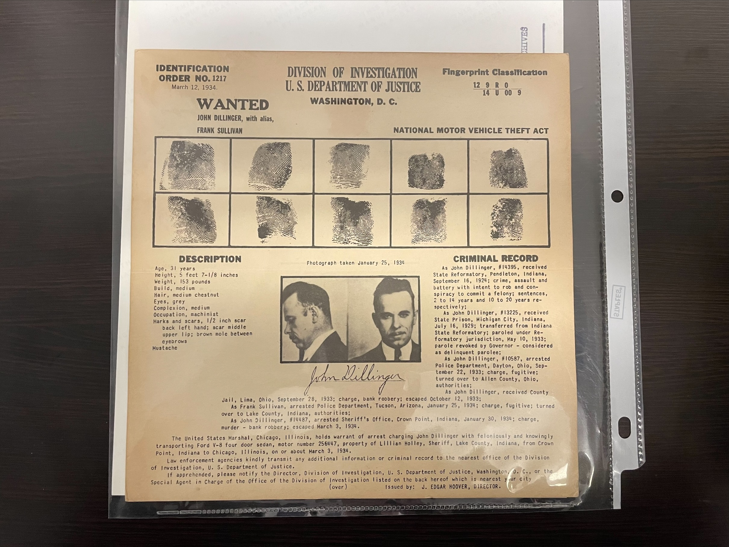 John Dillinger Alcatraz Crime Museum Wanted Booking